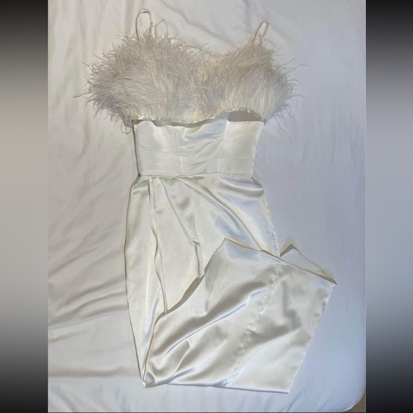 White Silk Midi Dress with Feather Trim- SMALL - Picture 4 of 5